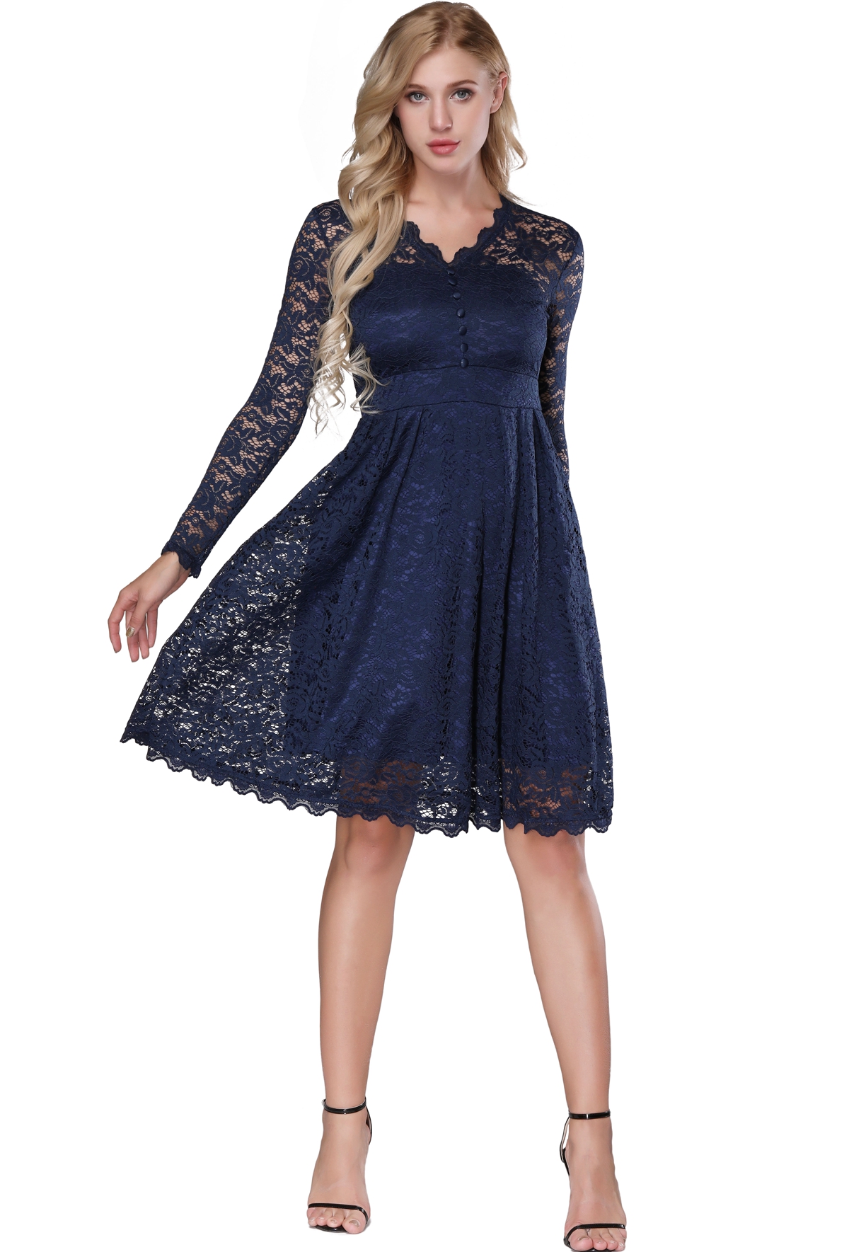 F2528-1 Retro Floral Lace Long Sleeve Vintage Swing Cocktail Bridesmaid Dress